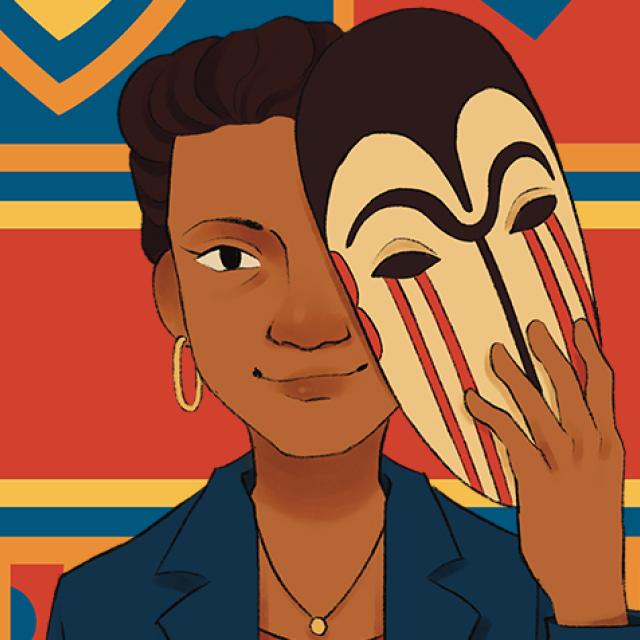 A woman with brown skin and short hair stands holding an African-inspired mask close to her face, covering one eye. In the background are bright, geometric shapes in red, blue, and yellow.