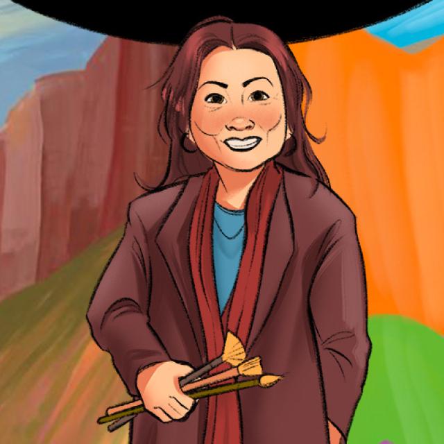 An illustrated portrait of a woman standing in front of a painting. She has medium brown hair, is wearing a brown jacket, and holding paintbrushes.