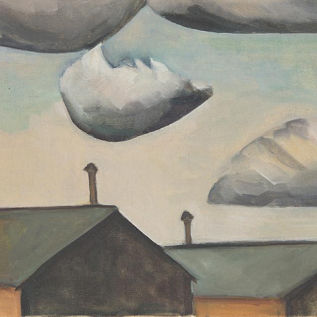 Detail of painting showing the roofs of building and clouds floating over them.