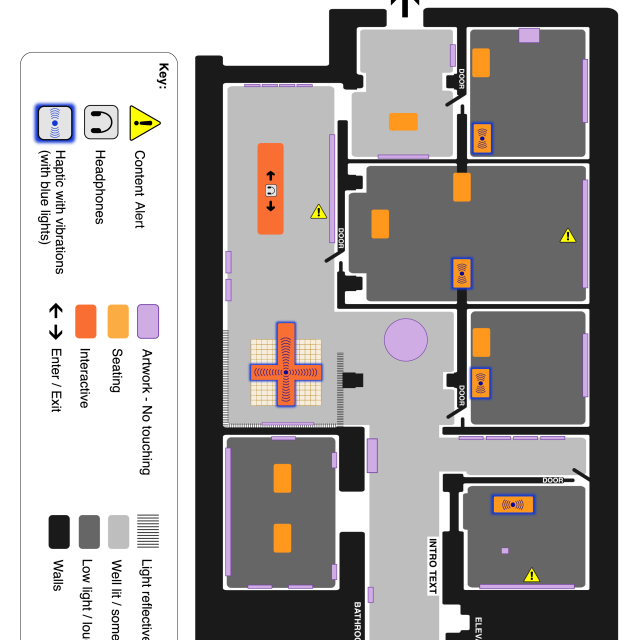 Overhead view of gallery shaded by light and sound level with art, bench, and sensory indicator