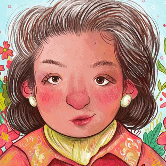 Detail of an illustration of the artist Miriam Schapiro. She is surrounded by flowers.