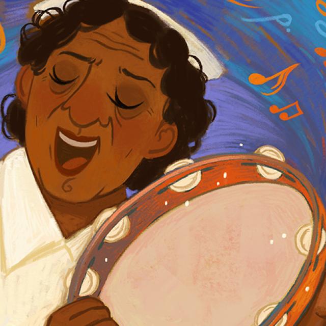 Illustrated portrait of Sister Gertrude Morgan singing and playing the tambourine.