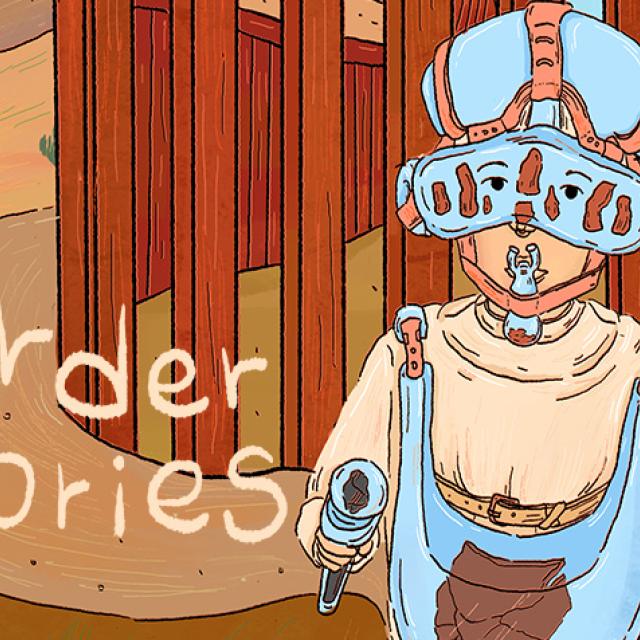 Detail of an illustration showing a person wearing glass art standing in front of a slatted fence. The text says "Border Stories."