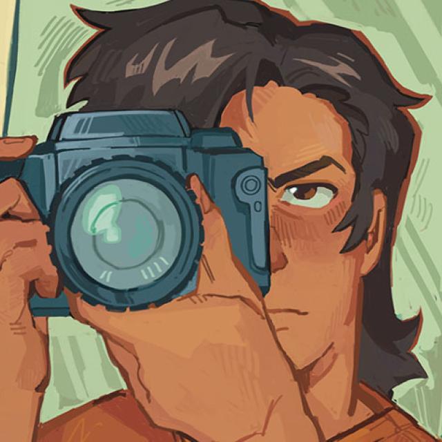 Illustration showing a person with short, brown hair. They are holding a camera up to their face.