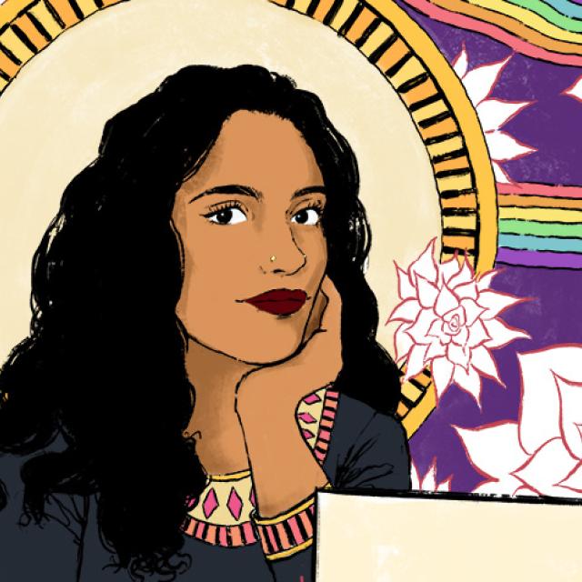 Illustration of a woman surrounded by flowers and a rainbow motif.