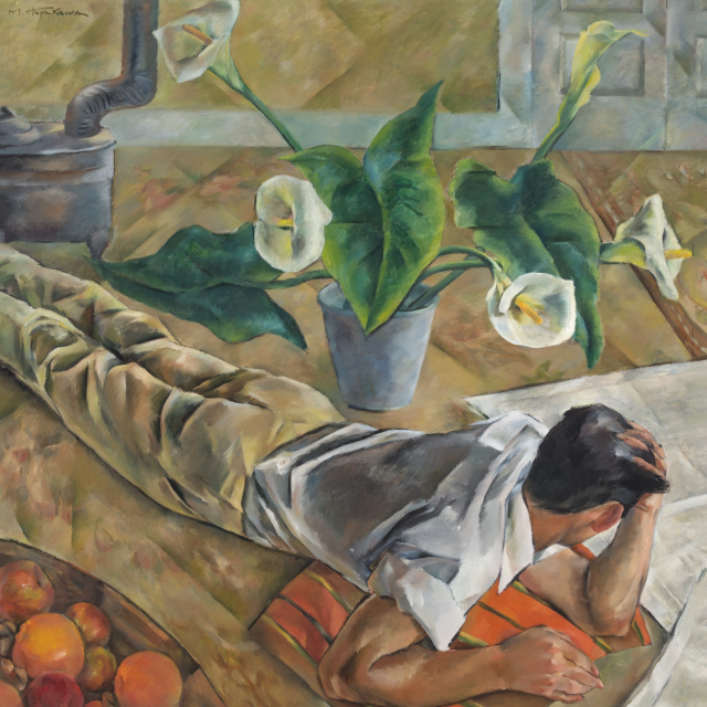 Painting of a man lying on the floor. He is looking away from the viewer.