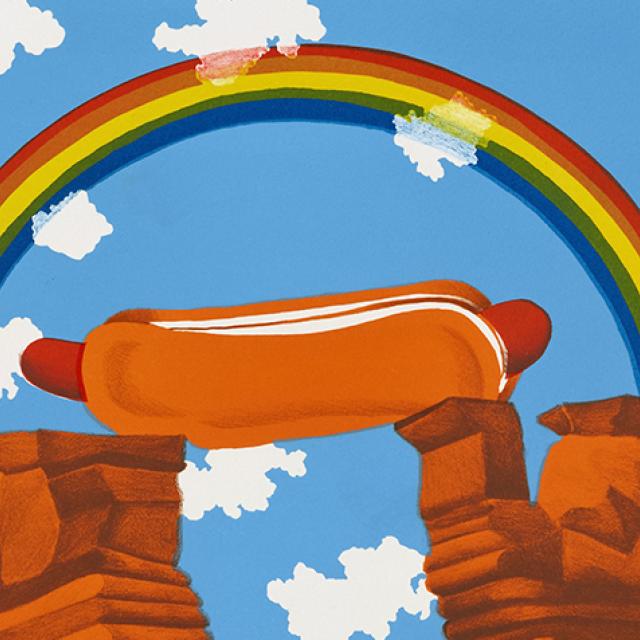 Print of a hot dog bridge under a rainbow.