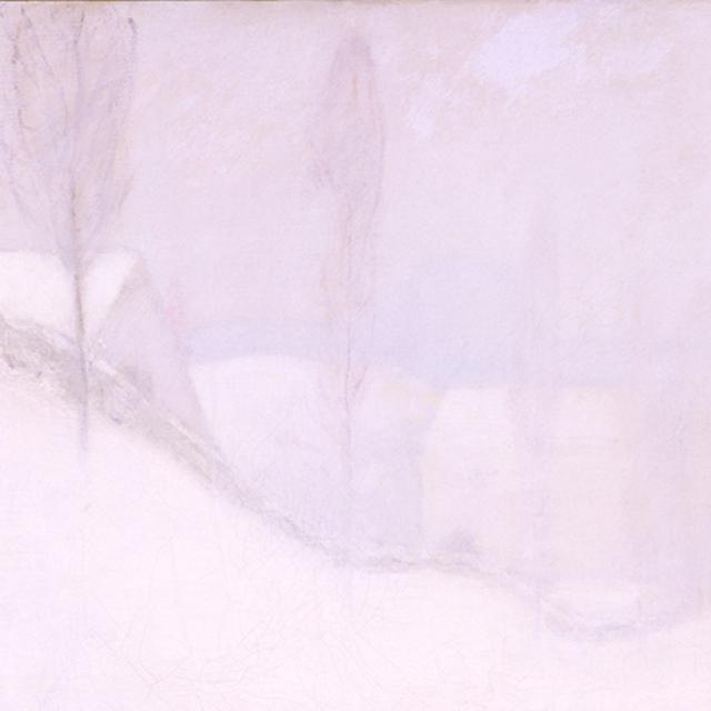 A white painting depicting a snowy landscape with houses on a distant hill.